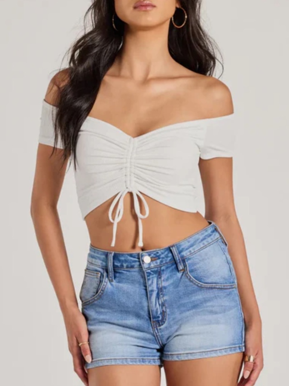 Windsor White Off-Shoulder Ruched Drawstring Crop Top